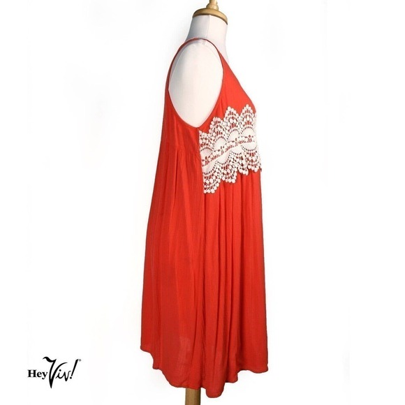 Vintage Flowy Sleeveless Boho Orange Dress w Lace Decoration Size M - Hey Viv - Picture 3 of 6